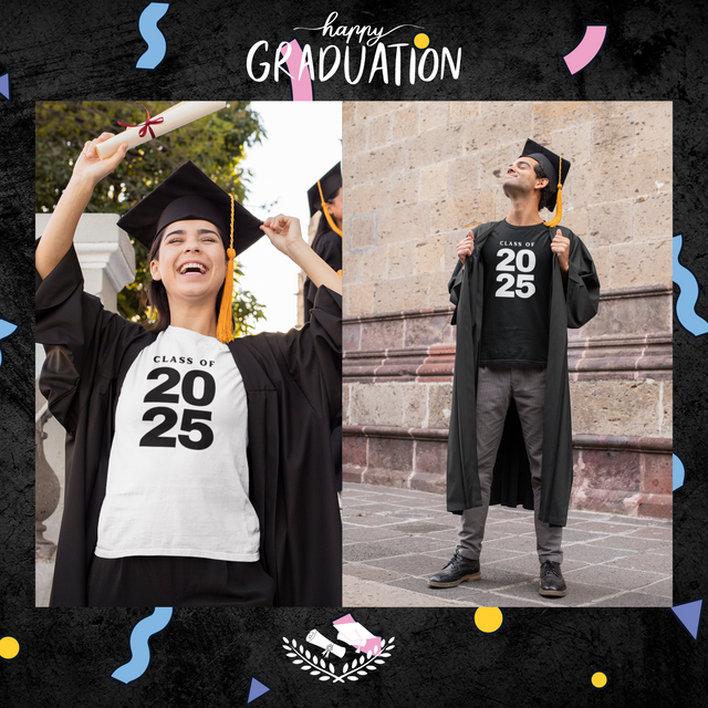 Graduation 2025 Unisex Softstyle T-Shirt with Class of 2025 design, available in various sizes, featuring a seamless collar and tear-away label.