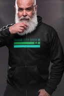 Lucky Charm Full Zip-Up Unisex Hoodie with printed design, worn by a bearded model, showcasing the front view.