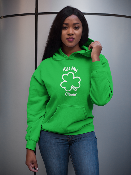 Kiss My Clover Unisex Heavy Blend Hoodie in green with clover design, front view.