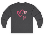 Dark grey long sleeve t-shirt with pink heart design.