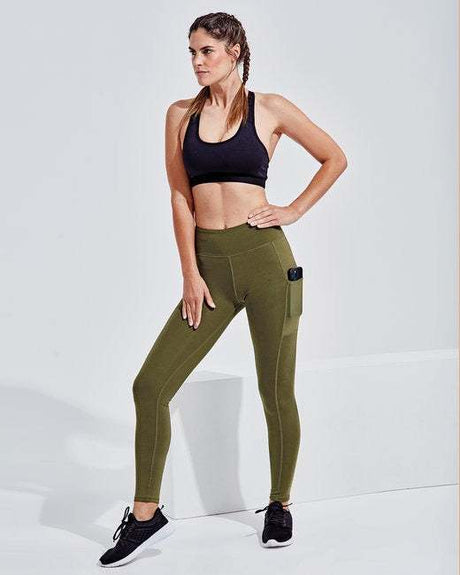 TriDri Ladies' Mesh Pocket Danica Leggings with side mesh pocket and compression fit in olive green.