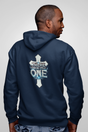 There Can Be Only One zip-up hoodie with graphic design on the back, unlined hood, and pouch pockets.