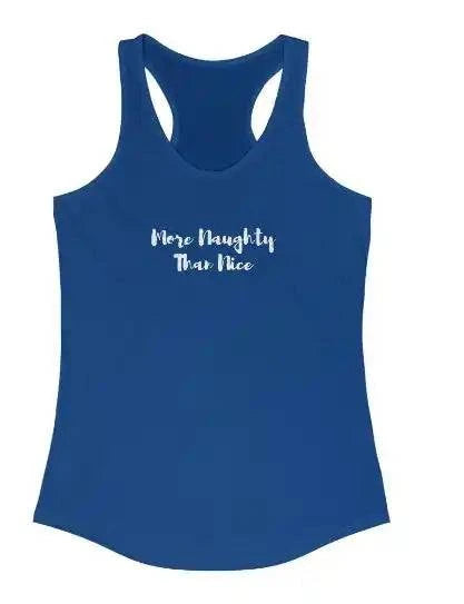 Women's racerback tank top with "More Naughty Than Nice" text, blue color.