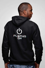 Black Always On Heavy Blend Zip-Up Hoodie with power symbol design on back, featuring a classic fit and comfy zip-up style.