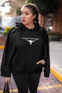 1st Rodeo Unisex Heavy Blend Hoodie, black, cozy fit, featuring front pocket and matching drawstring, worn by model.