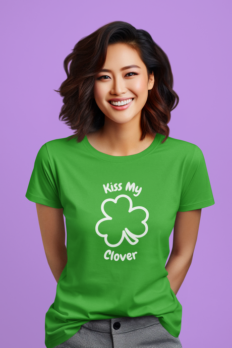 Clover Women's Softstyle T-Shirt in green with "Kiss My Clover" design.