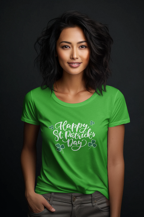 St. Patrick's Day Women's Softstyle T-Shirt in green with festive design.