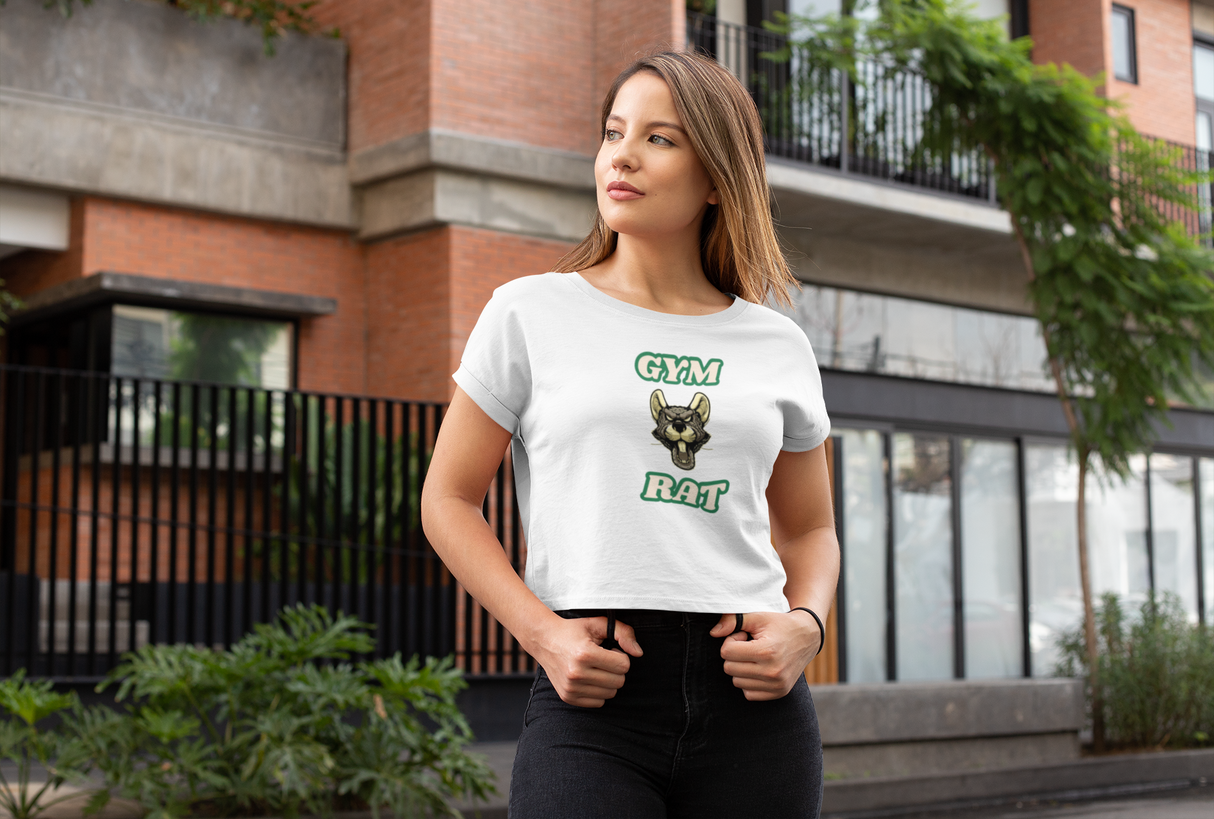 Women's Gym Rat Cropped T-Shirt with graphic design, short sleeves, and flowy fit.