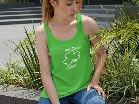 Green "Kiss My Clover" women's racerback tank top with clover print design.